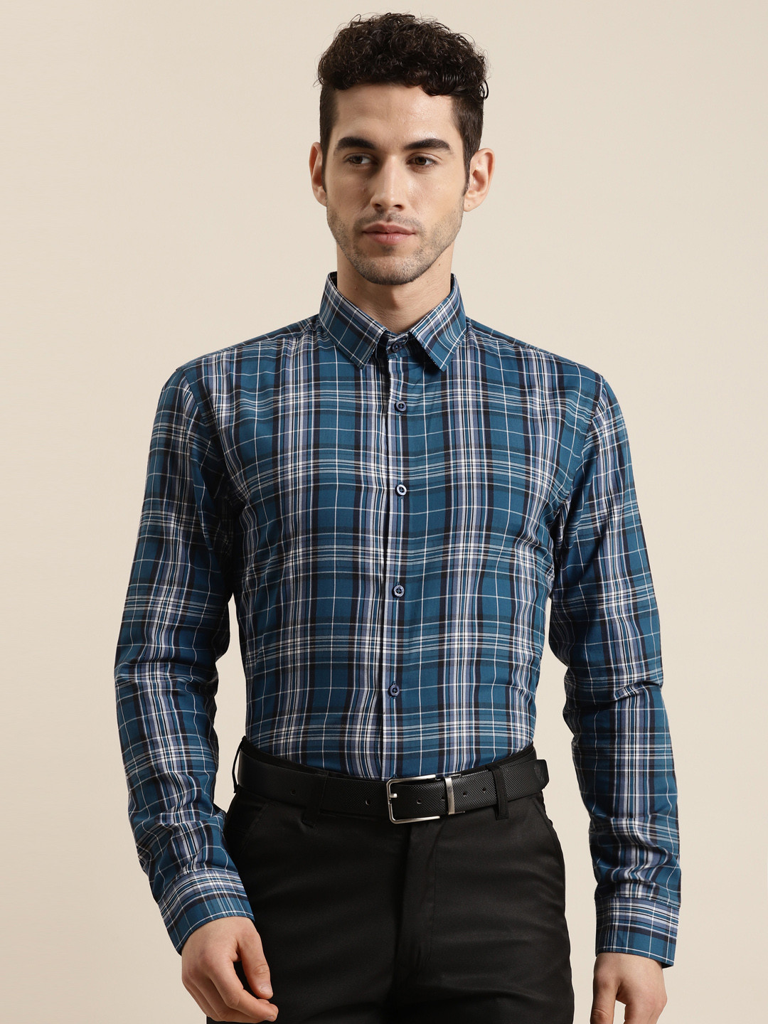 SOJANYA Men Teal Blue & Black Classic Regular Fit Checked Pure Cotton Formal Shirt