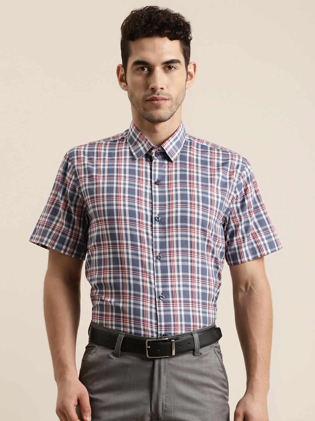 SOJANYA Men Grey & White Classic Regular Fit Checked Pure Cotton Formal Shirt