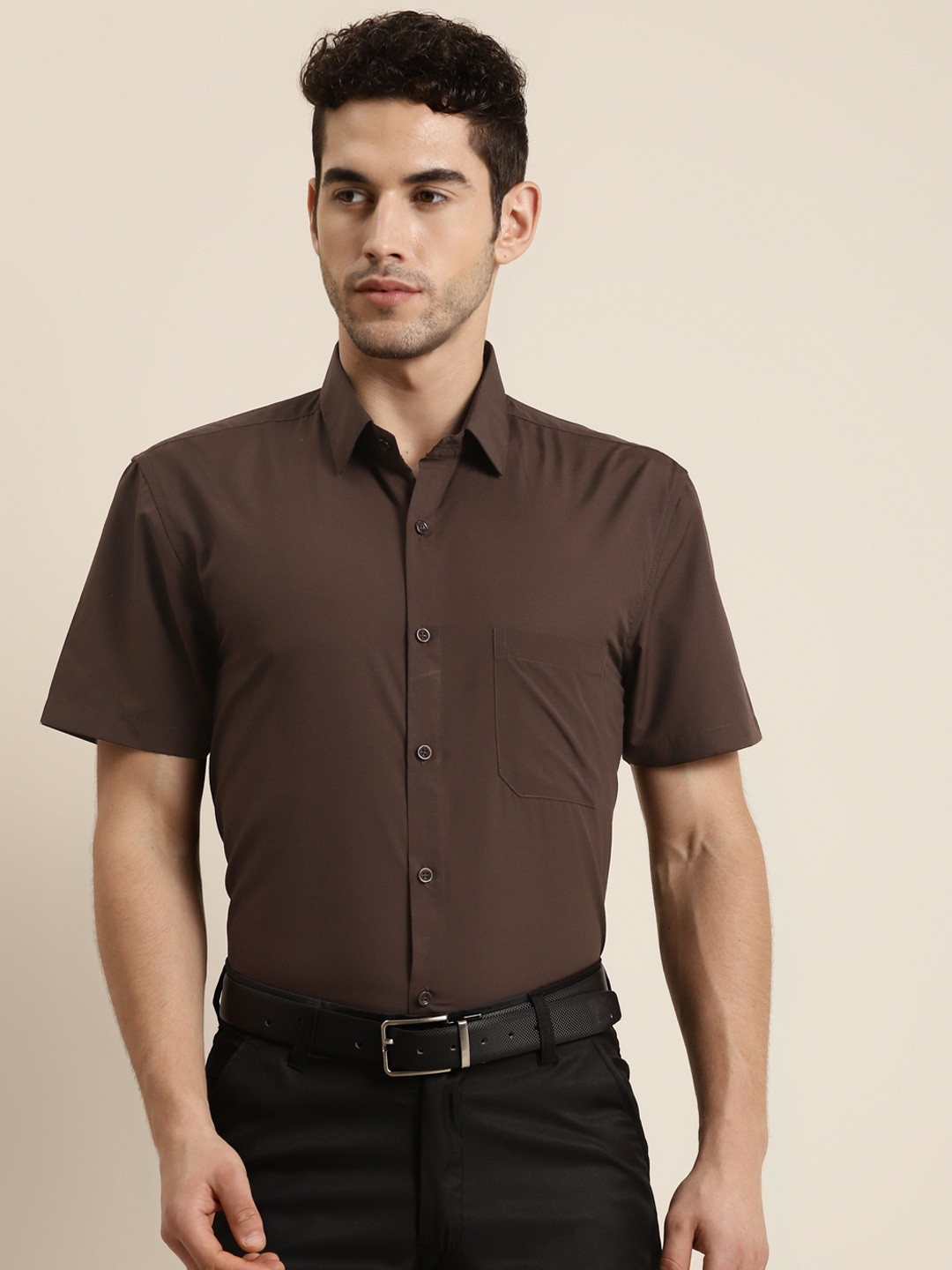 SOJANYA Men Brown Classic Regular Fit Solid Pure Cotton Formal Shirt