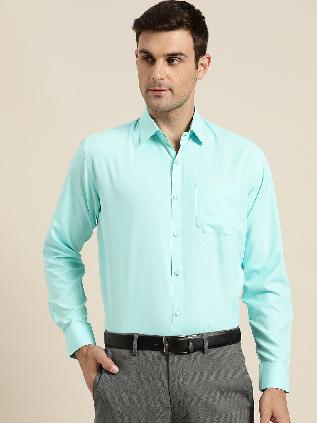 SOJANYA Men Turquoise Blue Classic Regular Fit Solid Formal Shirt