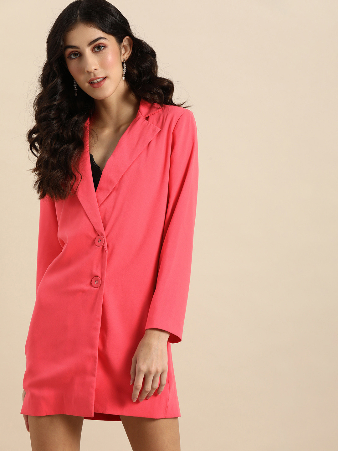 DODO & MOA Women Fuchsia Pink Solid Blazer Dress