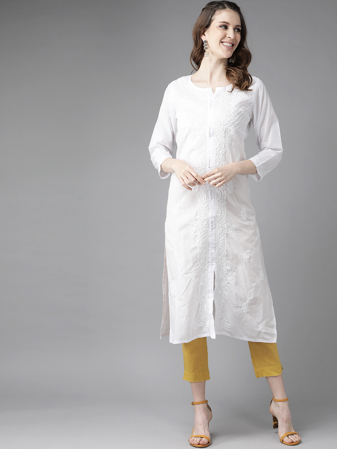 ADA Women White Ethnic Motifs Embroidered Pure Cotton Chikankari Kurta