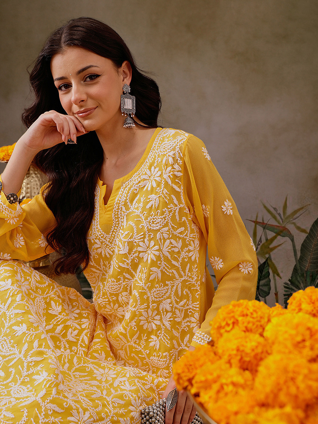 ADA Women Yellow Ethnic Motifs  Hand Embroidered Chikankari Handloom Kurta with Inner
