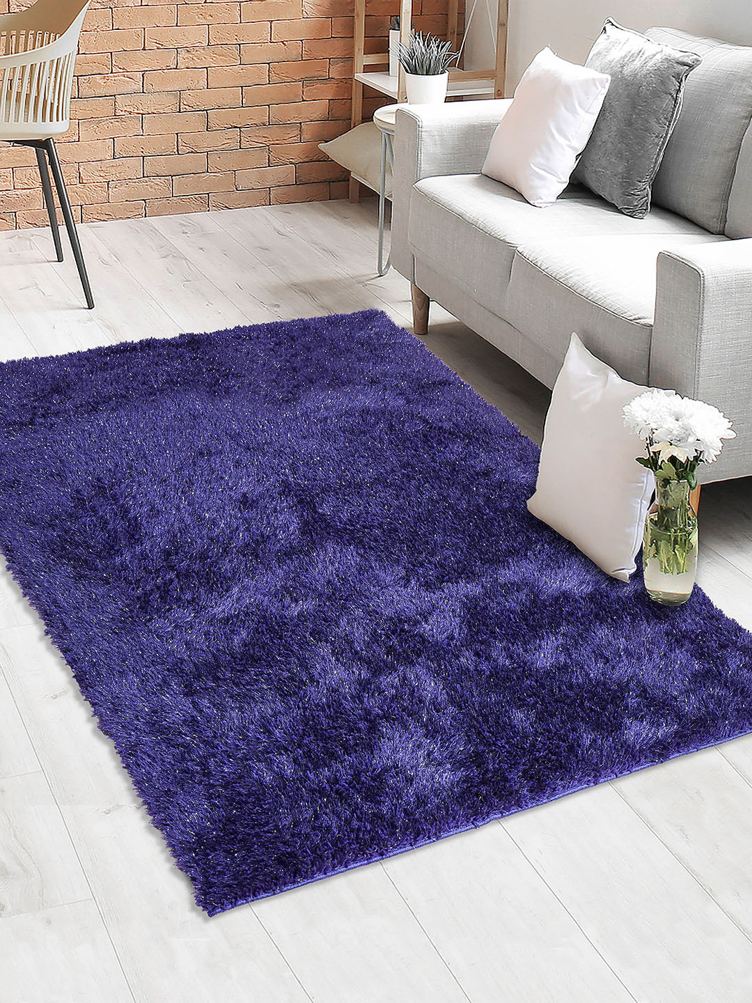 Saral Home Blue Solid Anti-Skid Heavy-Shaggy Carpet