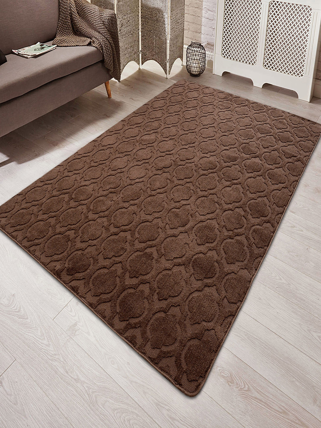 Saral Home Brown Self-Design Soft Microfiber Anti-Skid Carpet