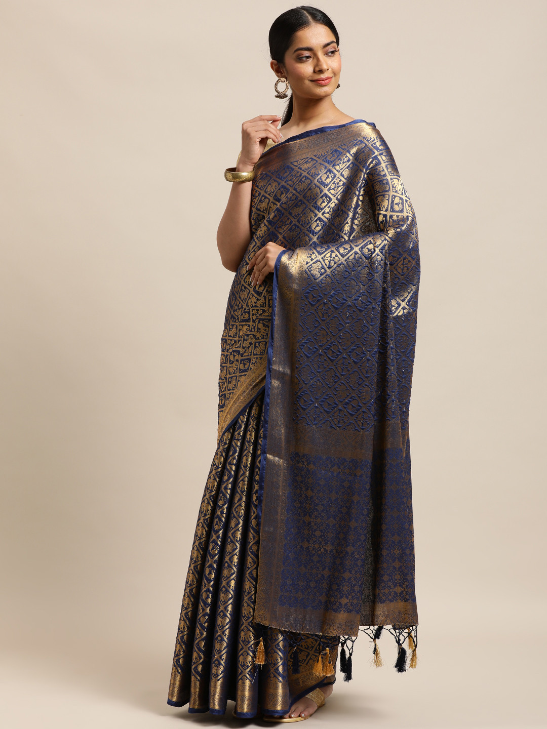 MIMOSA Navy Blue & Golden Ethnic Motifs Woven Design Zari Mysore Silk Saree