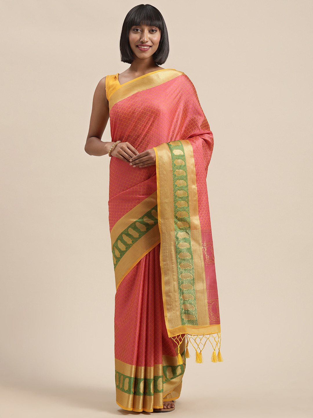 MIMOSA Pink & Gold-TonedWoven Design Kanjeevaram Saree