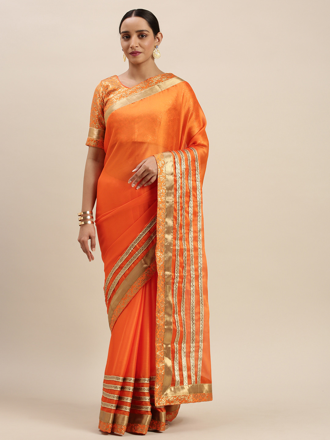 Mitera Orange & Golden Poly Chiffon Solid Saree