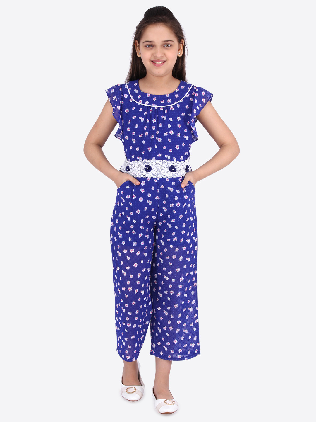 CUTECUMBER Girls Blue & White Printed Basic Jumpsuit