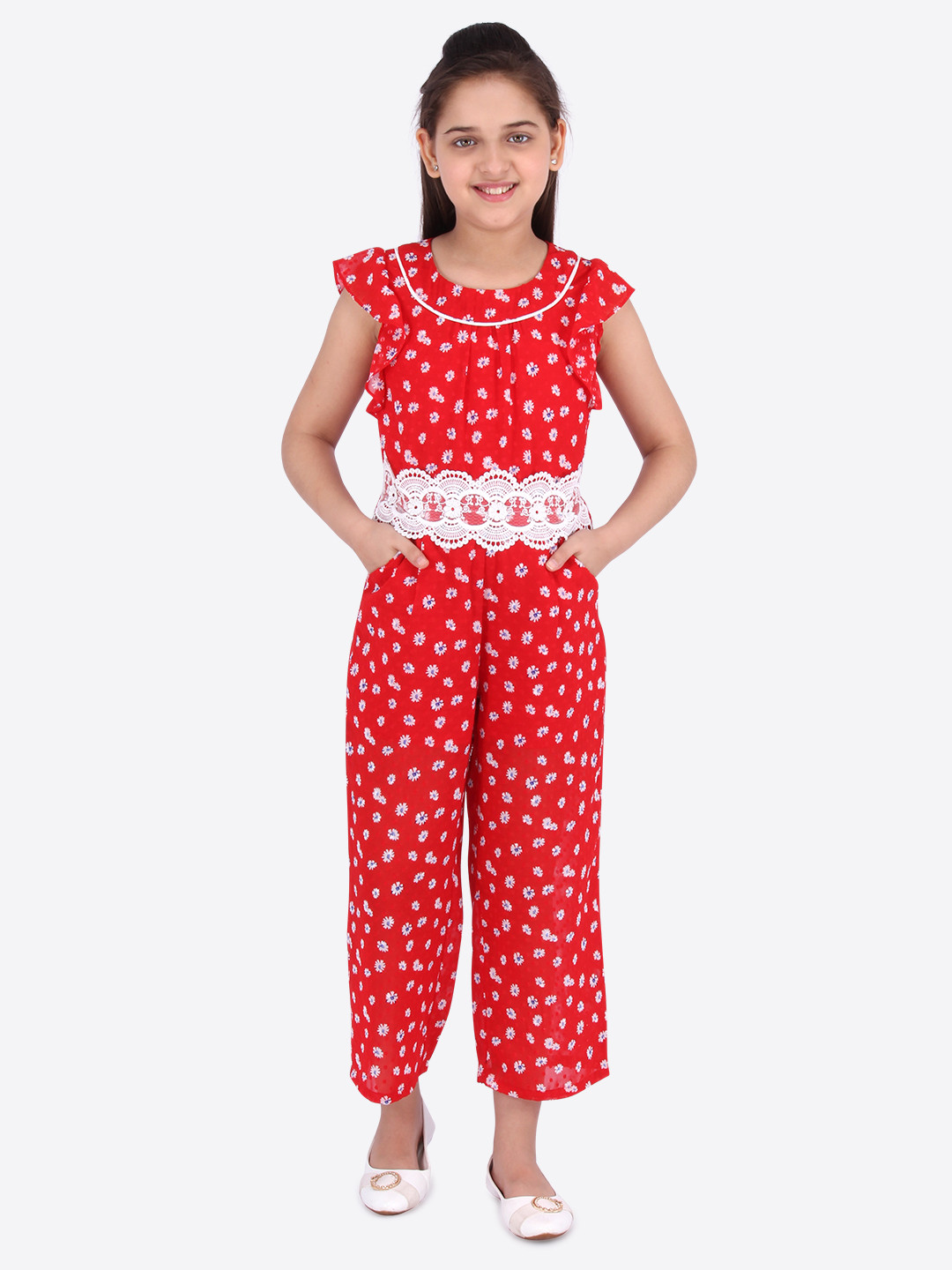 CUTECUMBER Girls Red & White Printed Culotte Jumpsuit