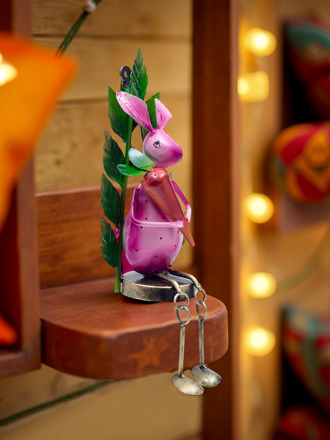 Golden Peacock Rabbit Pink Iron Metallic Living Room Hand-Crafted Medium Showpiece - 10.6 Inches