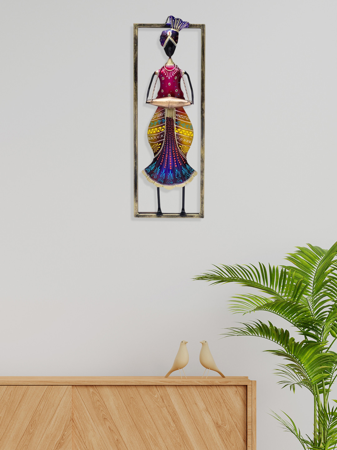 Golden Peacock Dholak playing Musician Figurine Metal Matte Wall Hangings-19.7In