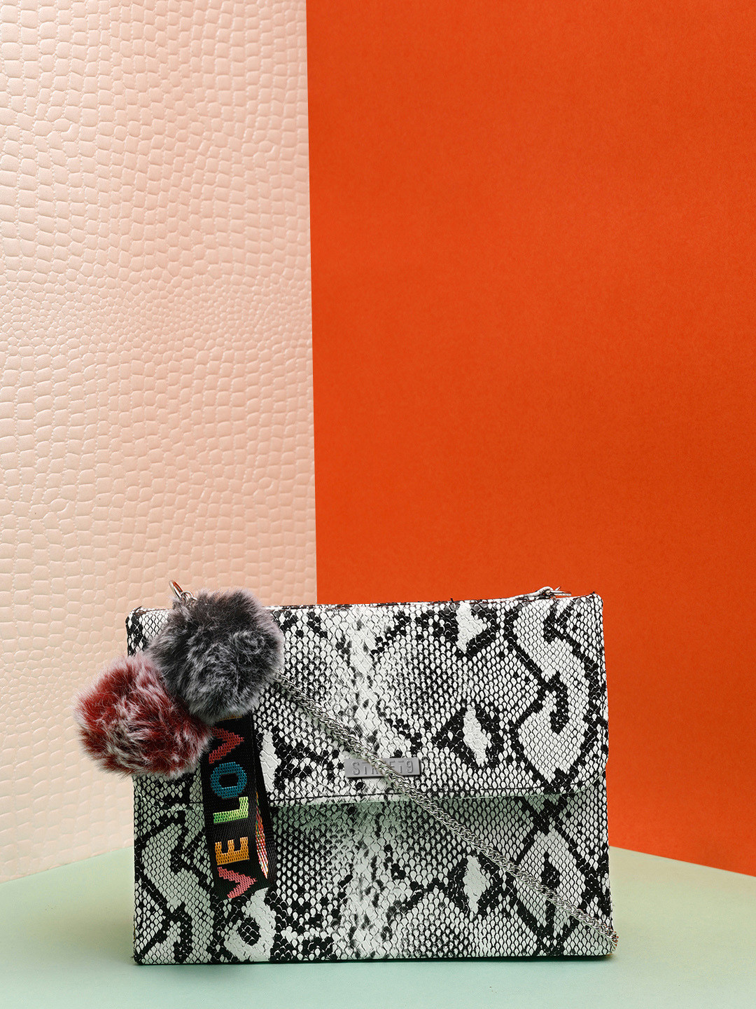 STREET 9 White & Black Snake-Skin Textured Clutch