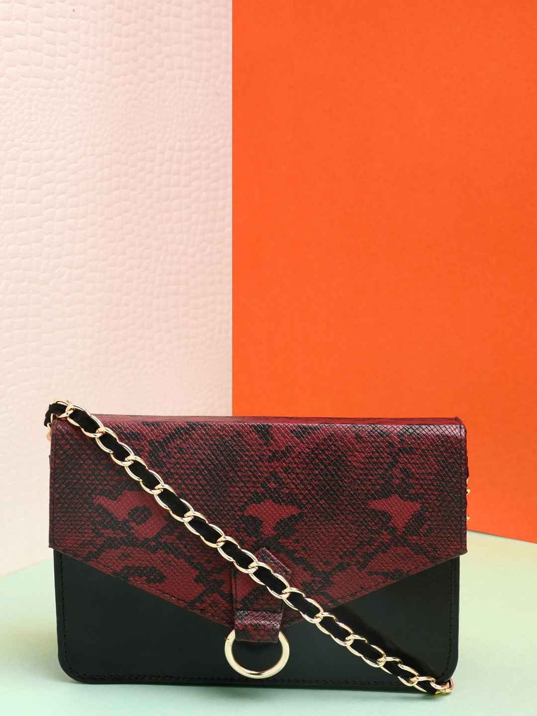 STREET 9 Red & Black Snake Skin Textured Envelope Clutch