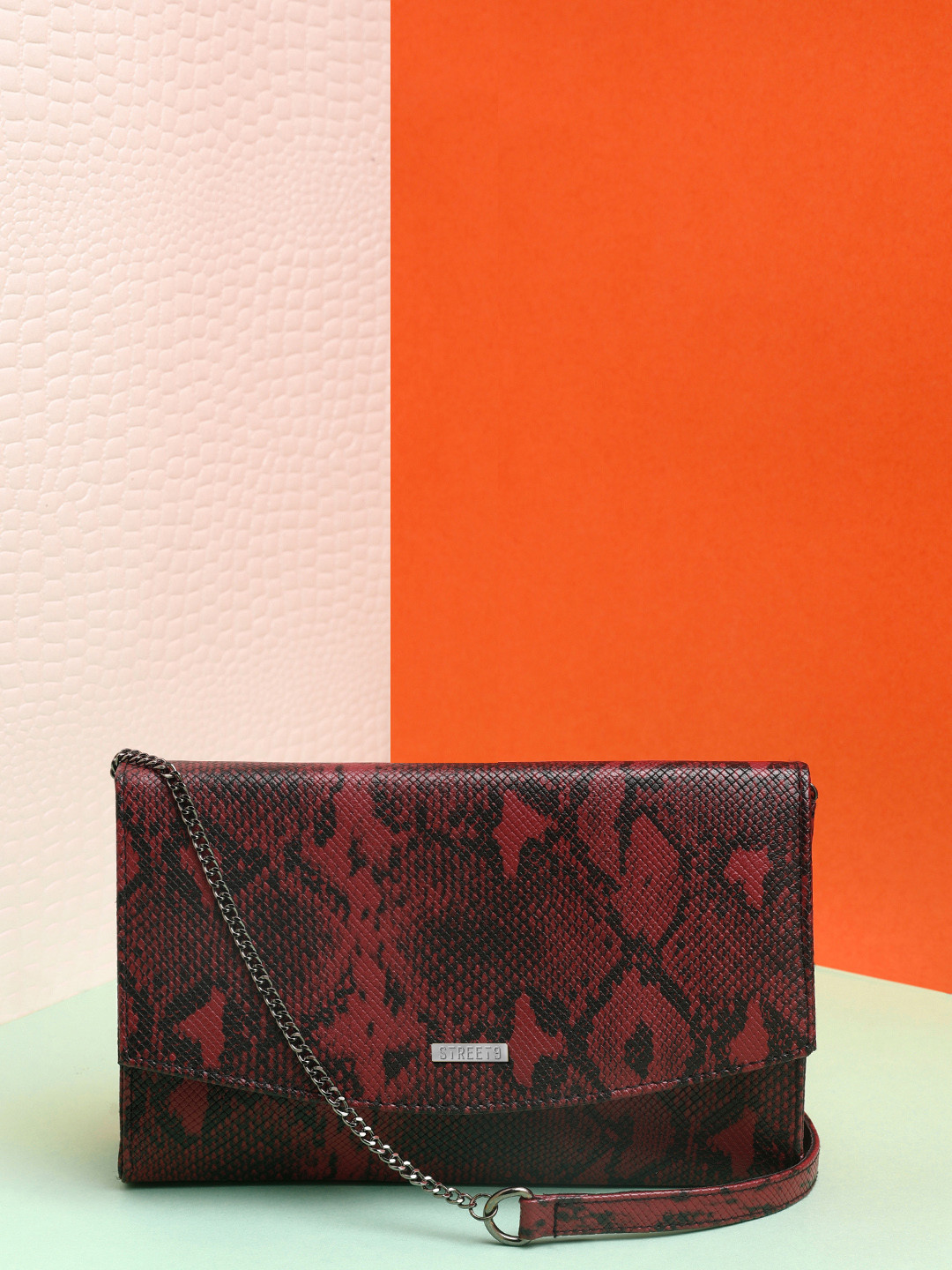 STREET 9 Red & Black Snake Skin Textured Clutch