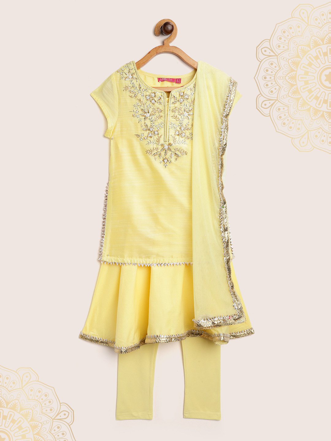Biba Girls Yellow & Golden Yoke Design Embroidered Layered Kurta with Churidar & Dupatta