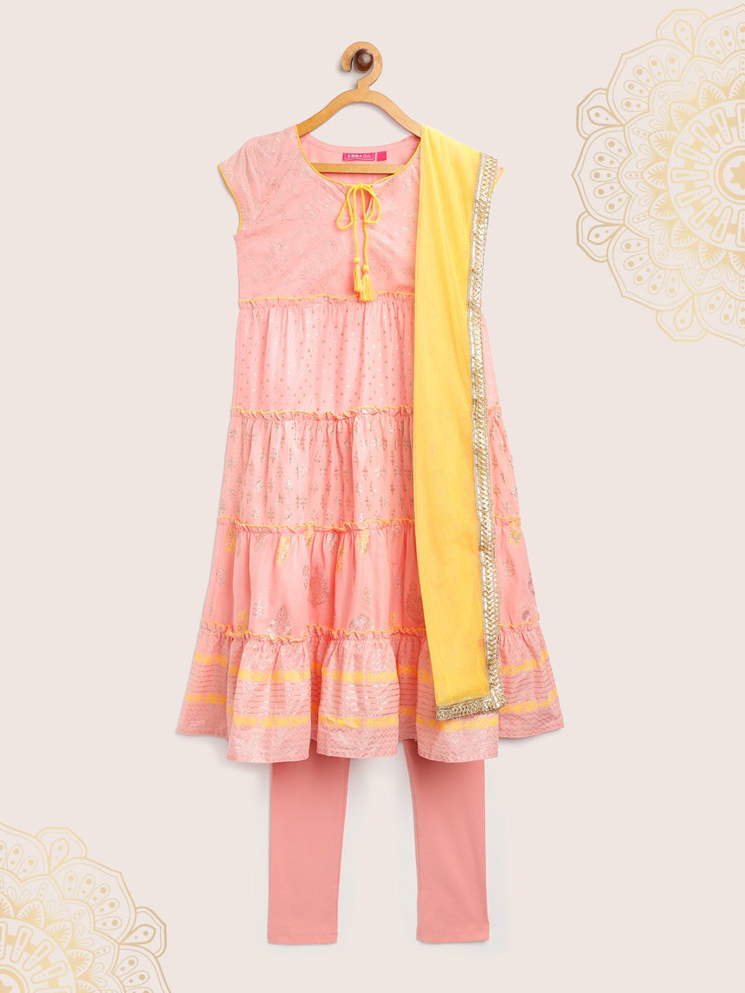 Biba Girls Peach-Coloured & Mustard Yellow Printed Anarkali Kurta with Leggings & Dupatta