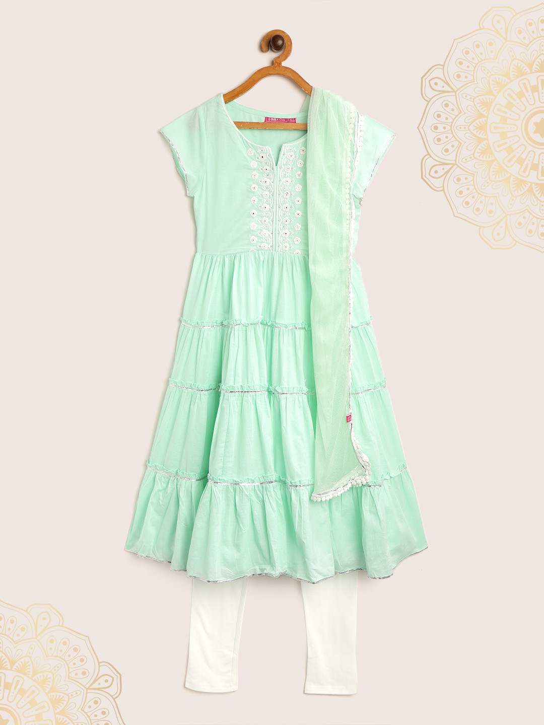 Biba Girls Green & White Ethnic Motifs Embroidered Anarkali Kurta with Leggings & Dupatta