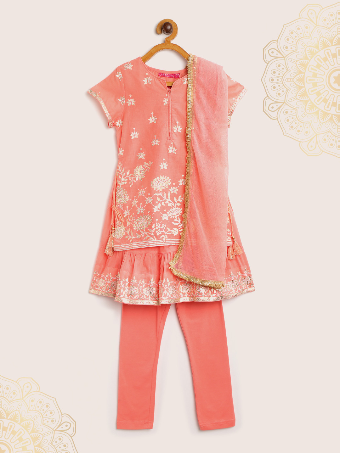 Biba Girls Peach-Coloured & Golden Printed Layered Kurta with Leggings & Dupatta