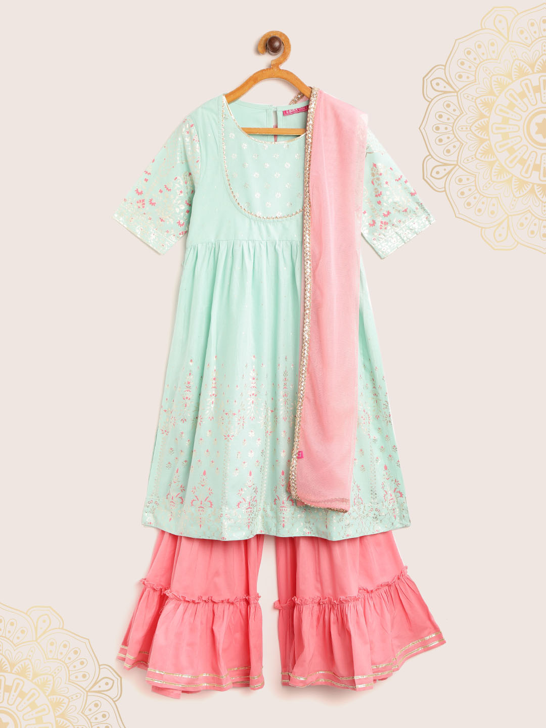 Biba Girls Sea Green & Peach-Coloured Printed A-Line Kurta with Sharara & Dupatta