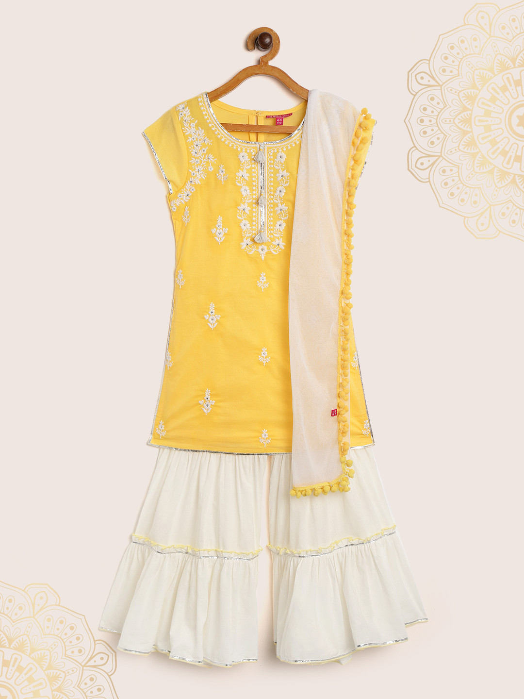 Biba Girls Yellow & Off-White Ethnic Motifs Embroidered Kurta with Sharara & Dupatta