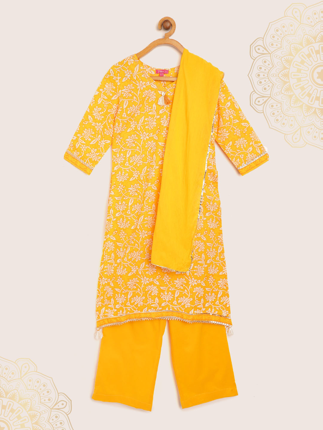 Biba Girls Yellow & White Pure Cotton Ethnic Print Kurta with Straight Palazzos & Dupatta