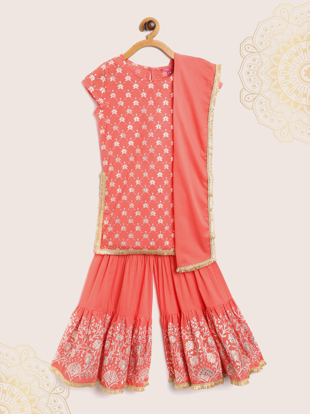 Biba Girls Coral Pink & Golden Lotus Print Gotta Patti Work Kurta with Sharara & Dupatta