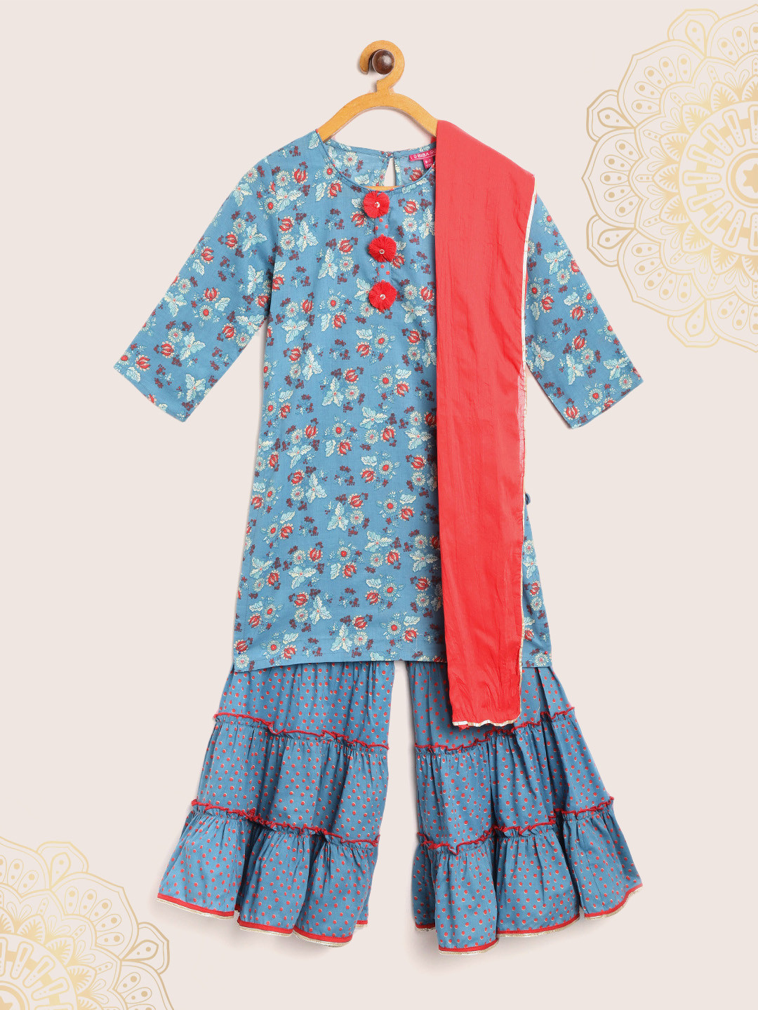 Biba Girls Blue & Red Floral Print Pure Cotton Kurta with Sharara & Dupatta