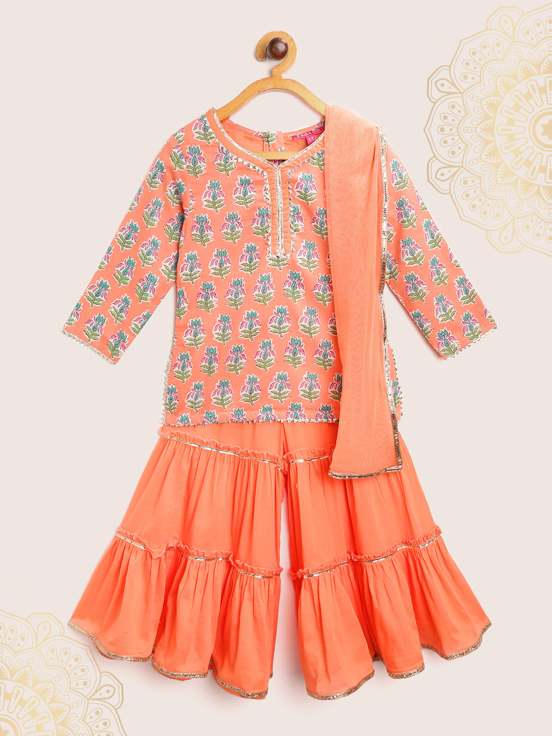 Biba Girls Coral Orange & Green Cotton Ethnic Motif Print Kurti with Sharara & Dupatta
