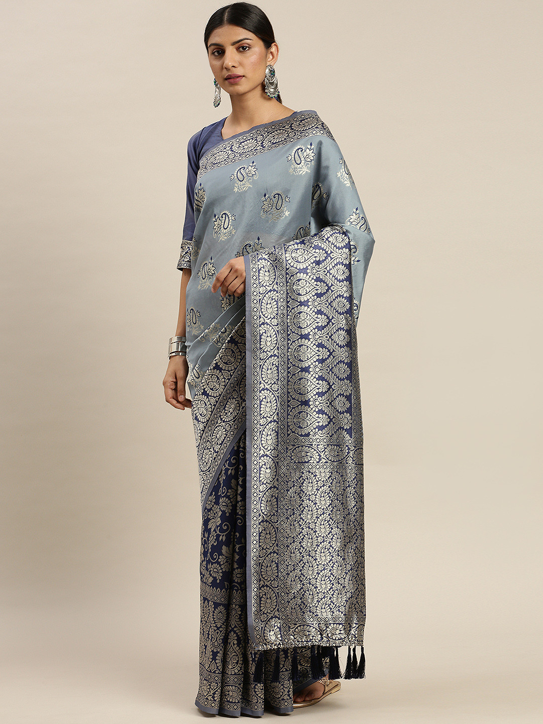 Om Shantam Sarees Steel & Blue Poly Silk Woven Design Banarasi Saree