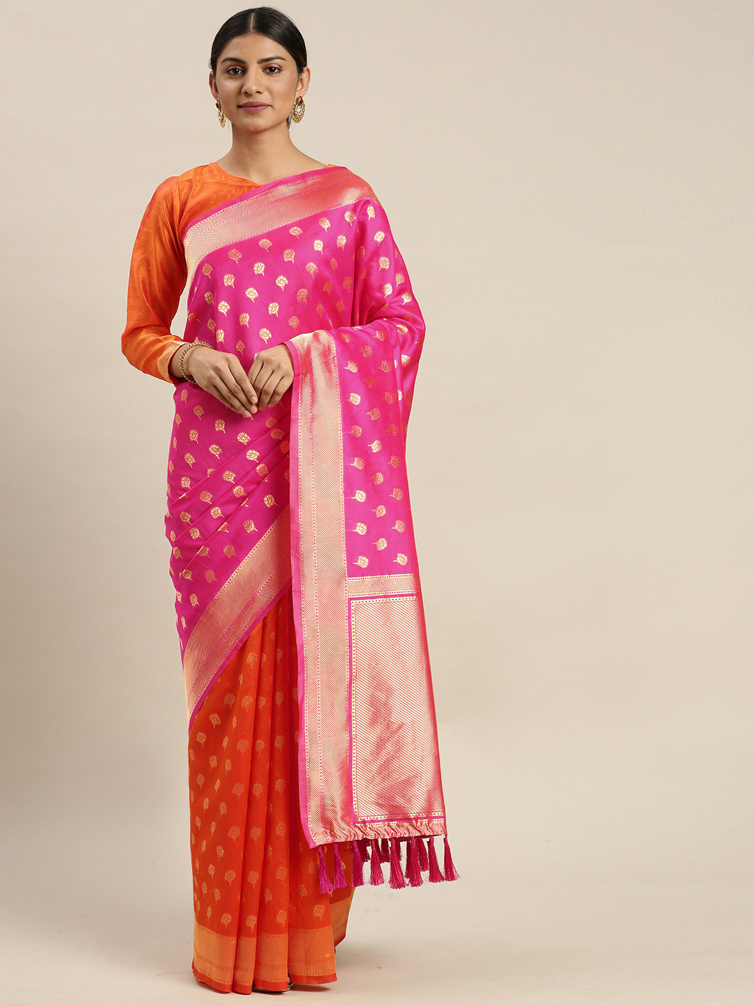 Om Shantam Sarees Pink & Orange Poly Silk Woven Design Kanjeevaram Saree