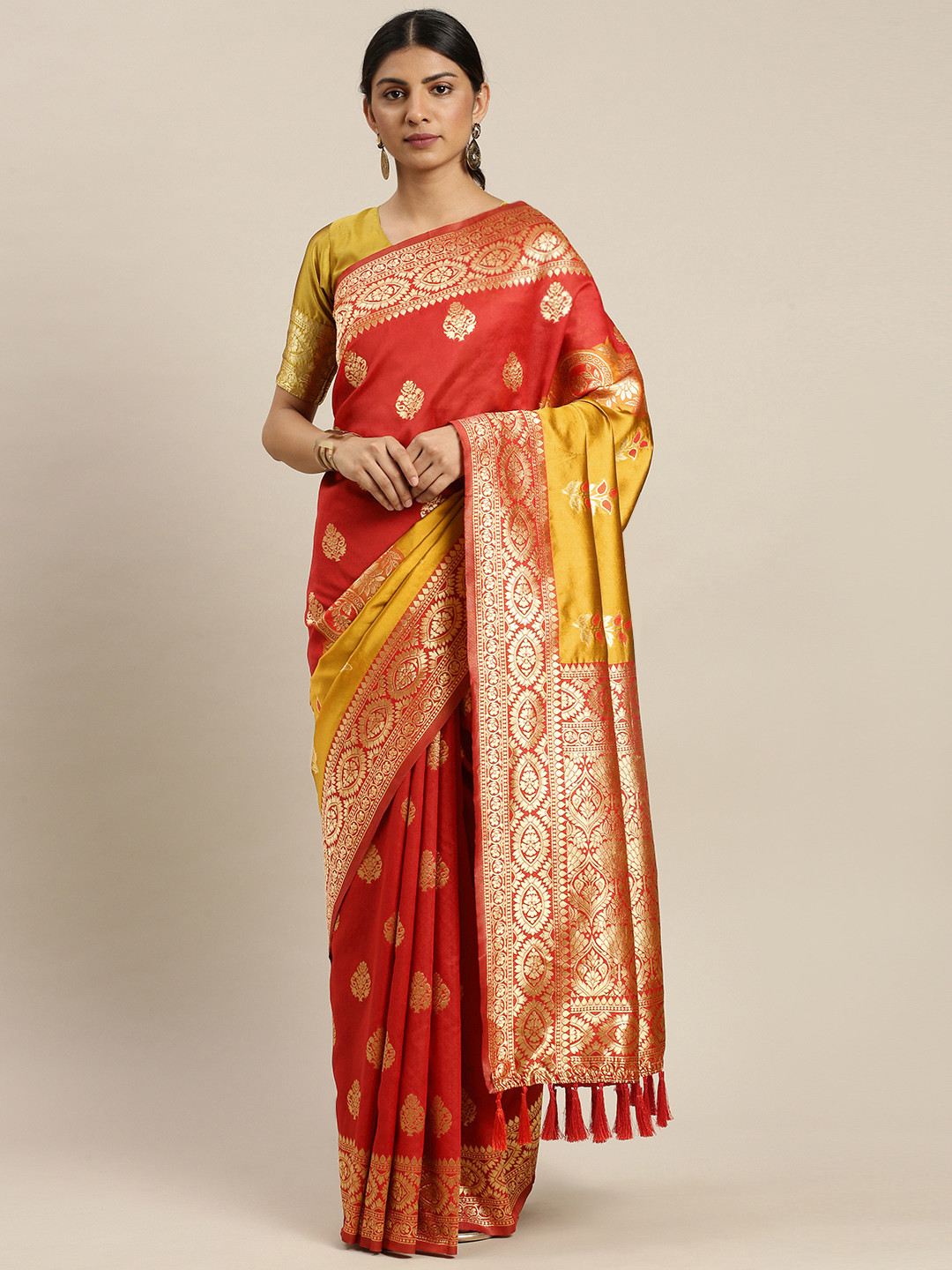 Om Shantam Sarees Red & Gold-Coloured Woven Design Celebrity Banarasi Saree