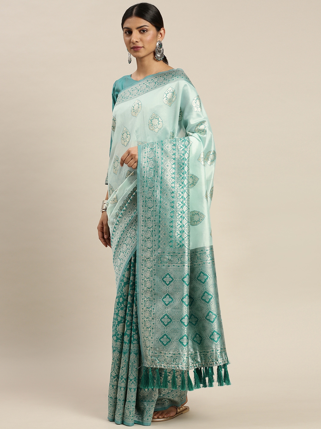 Om Shantam Sarees Turquoise Blue   Silver Toned Poly Silk Woven Design Banarasi Saree