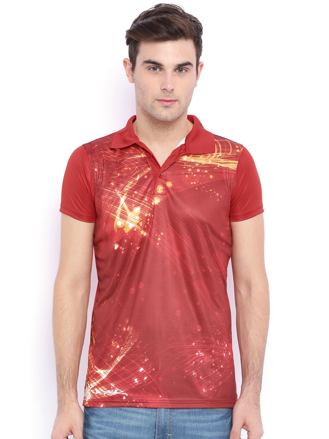 Campus Sutra  Red Printed Polyester Polo T-shirt