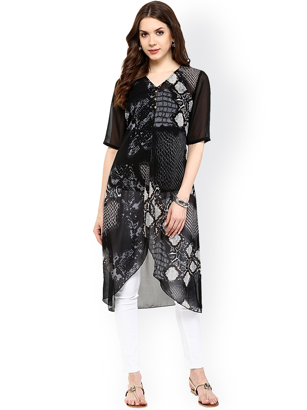 Pannkh Black Animal Print Georgette Midi Top