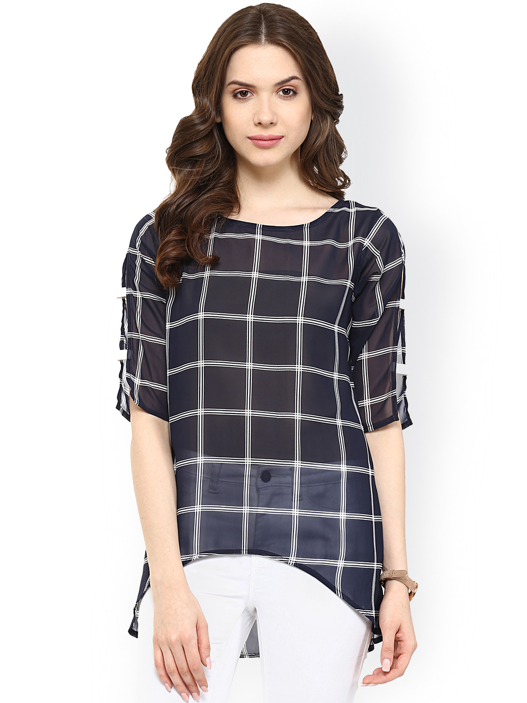 Pannkh Navy Checked Polyester High-Low Top