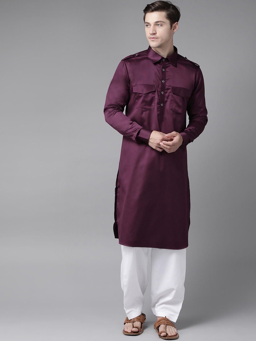 Buy See Designs Men Aubergine White Pure Cotton Solid Pathani