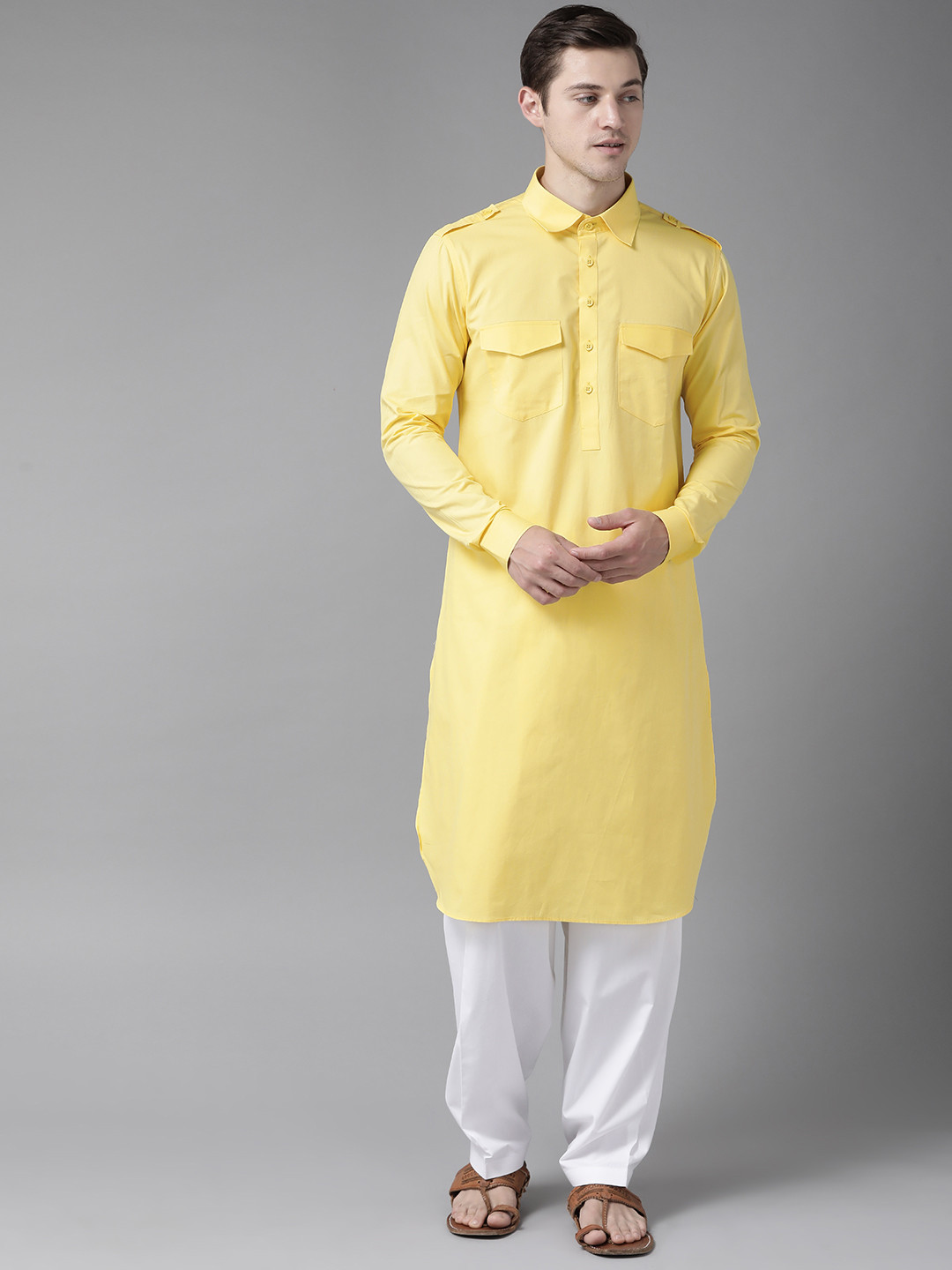 See Designs Men Yellow & White Pure Cotton Solid Pathani Kurta with Salwar