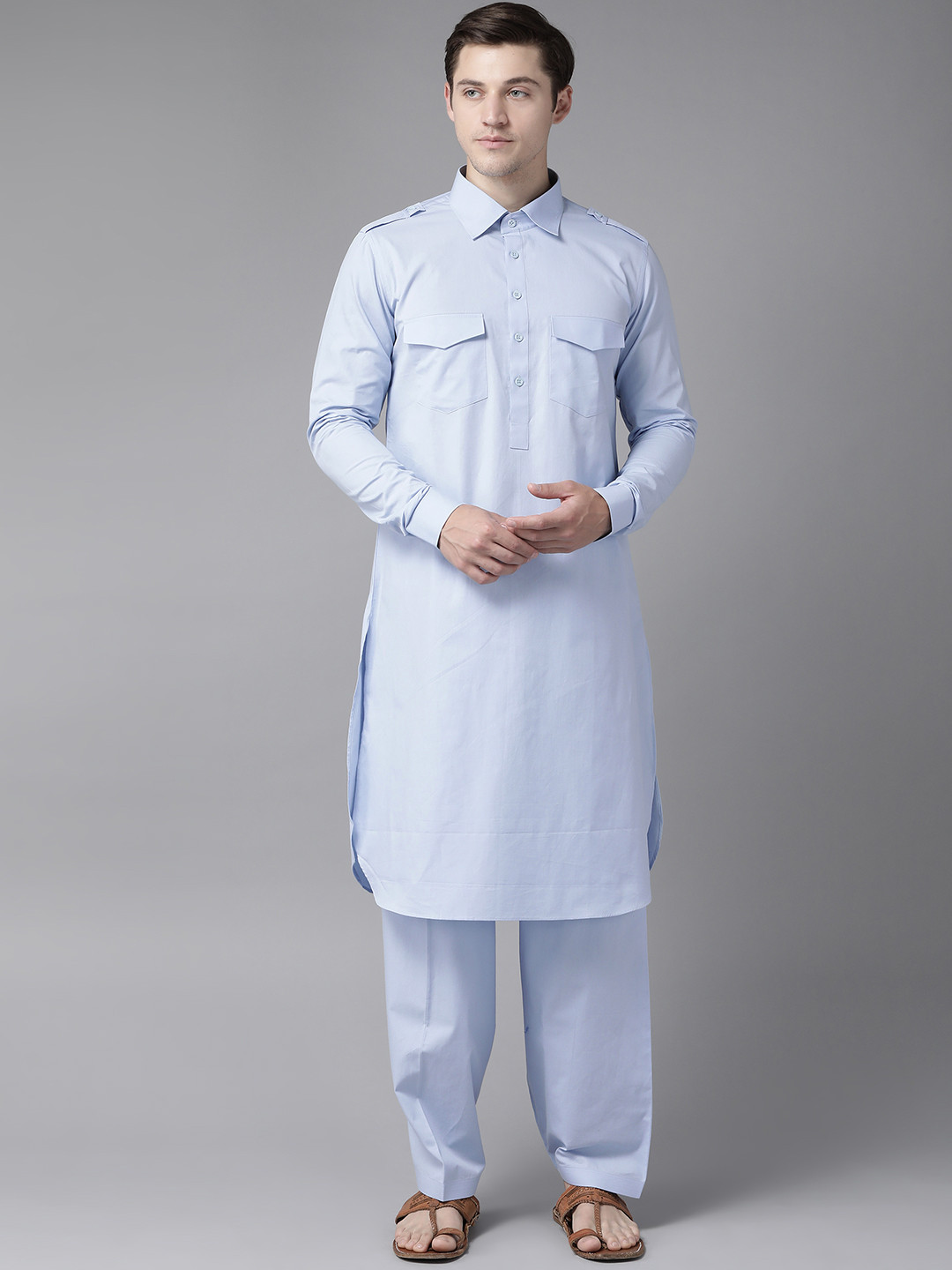 See Designs Men Blue Pure Cotton Solid Pathani Kurta with Salwar