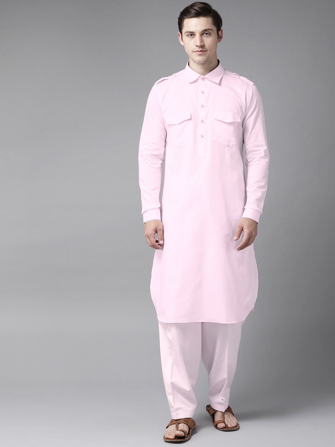 See Designs Men Pink Pure Cotton Solid Pathani Kurta with Salwar