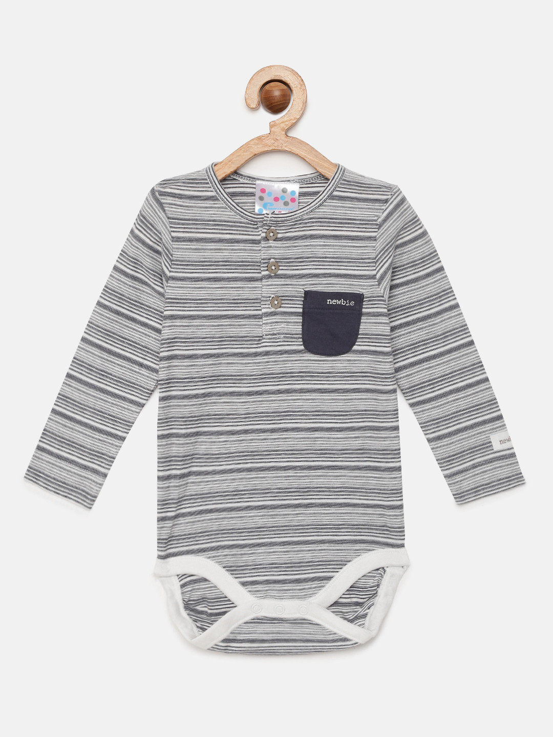 Eimoie Infant Girls Grey & White Striped Pure Cotton Bodysuit