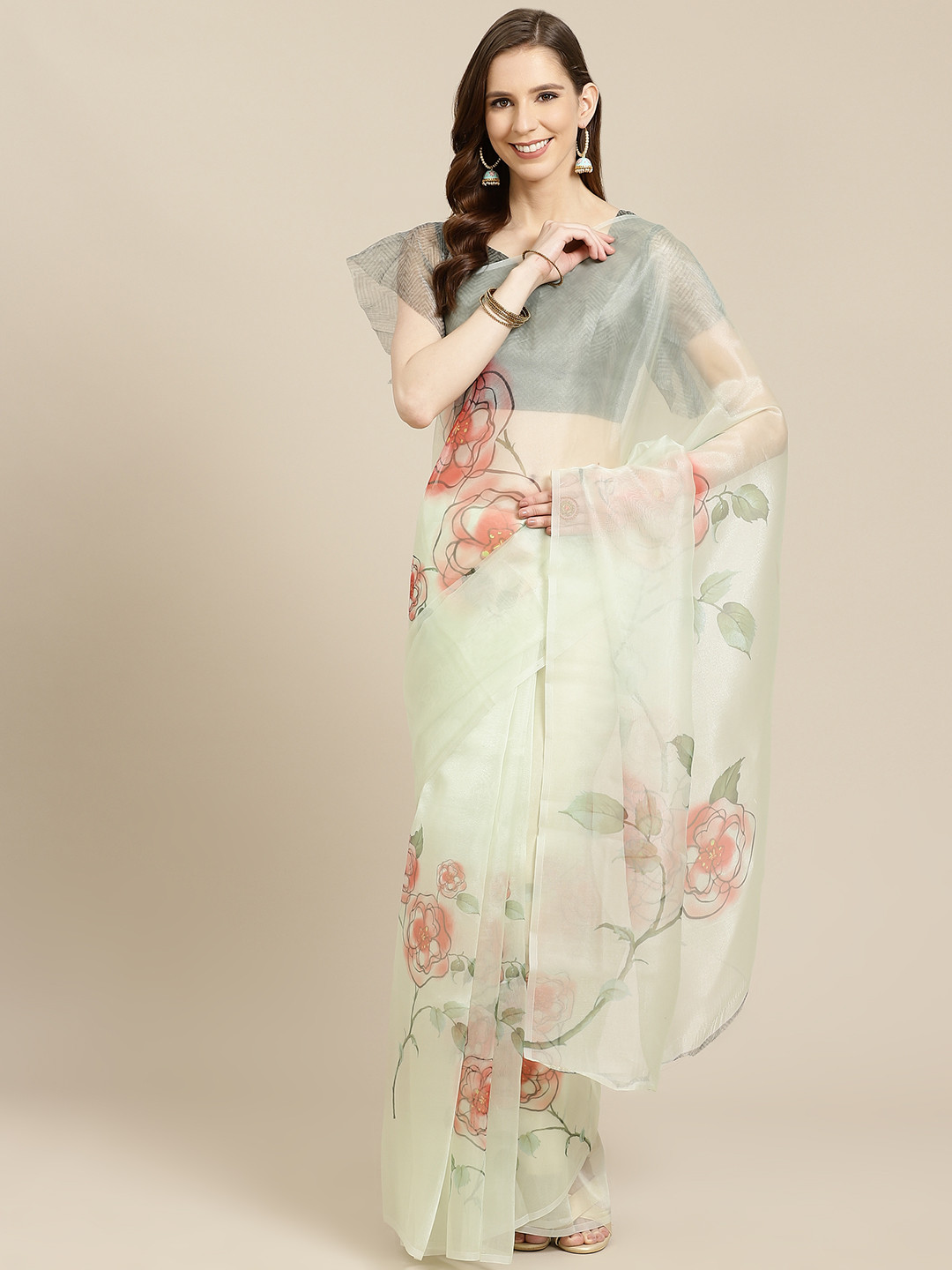 Rajnandini Light Green & Red Organza Floral Print Saree
