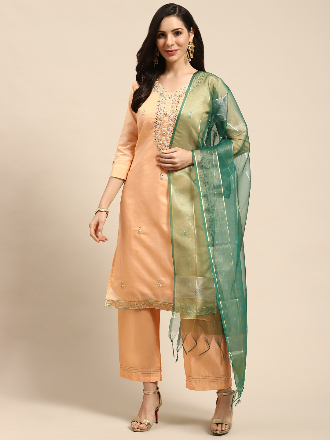 Rajnandini Peach-Coloured & Golden Embellished Semi-Stitched Dress Material