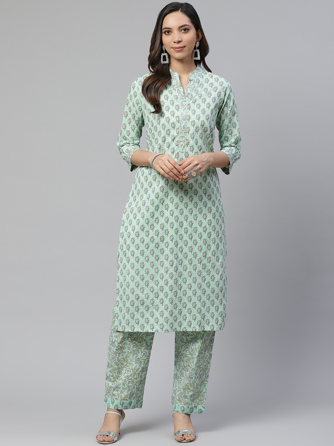 Divena Women Sea Green & White Printed Pure Cotton Kurta with Trousers