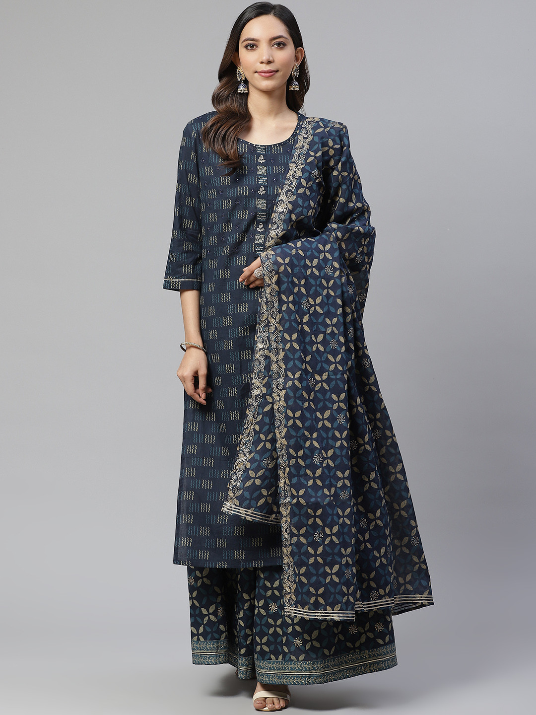 Divena Women Navy Blue & Beige Printed Pure Cotton Kurta with Palazzos & Dupatta