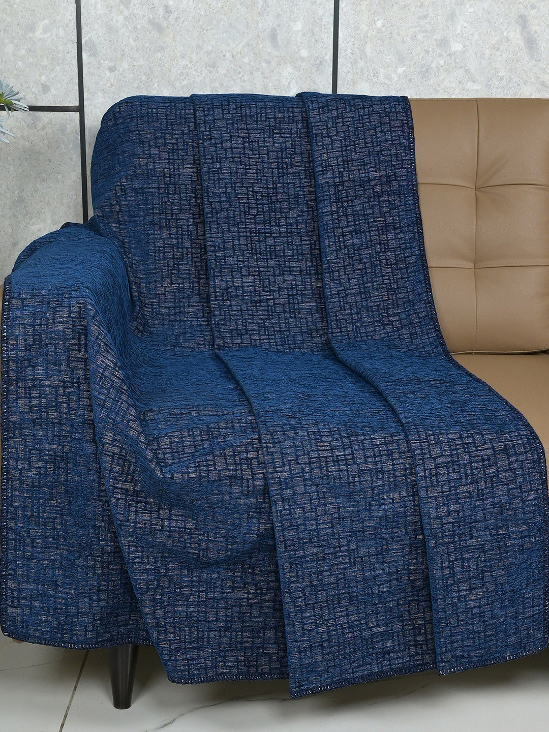 Saral Home Navy Blue Printed Chenille 3 Seater Sofa Throw