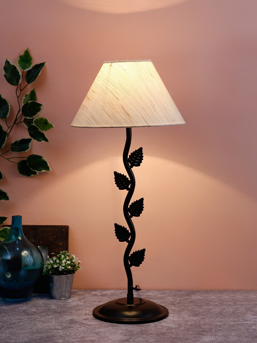 Devansh Beige Solid Leaf  Design Traditional Table Lamp with Shade