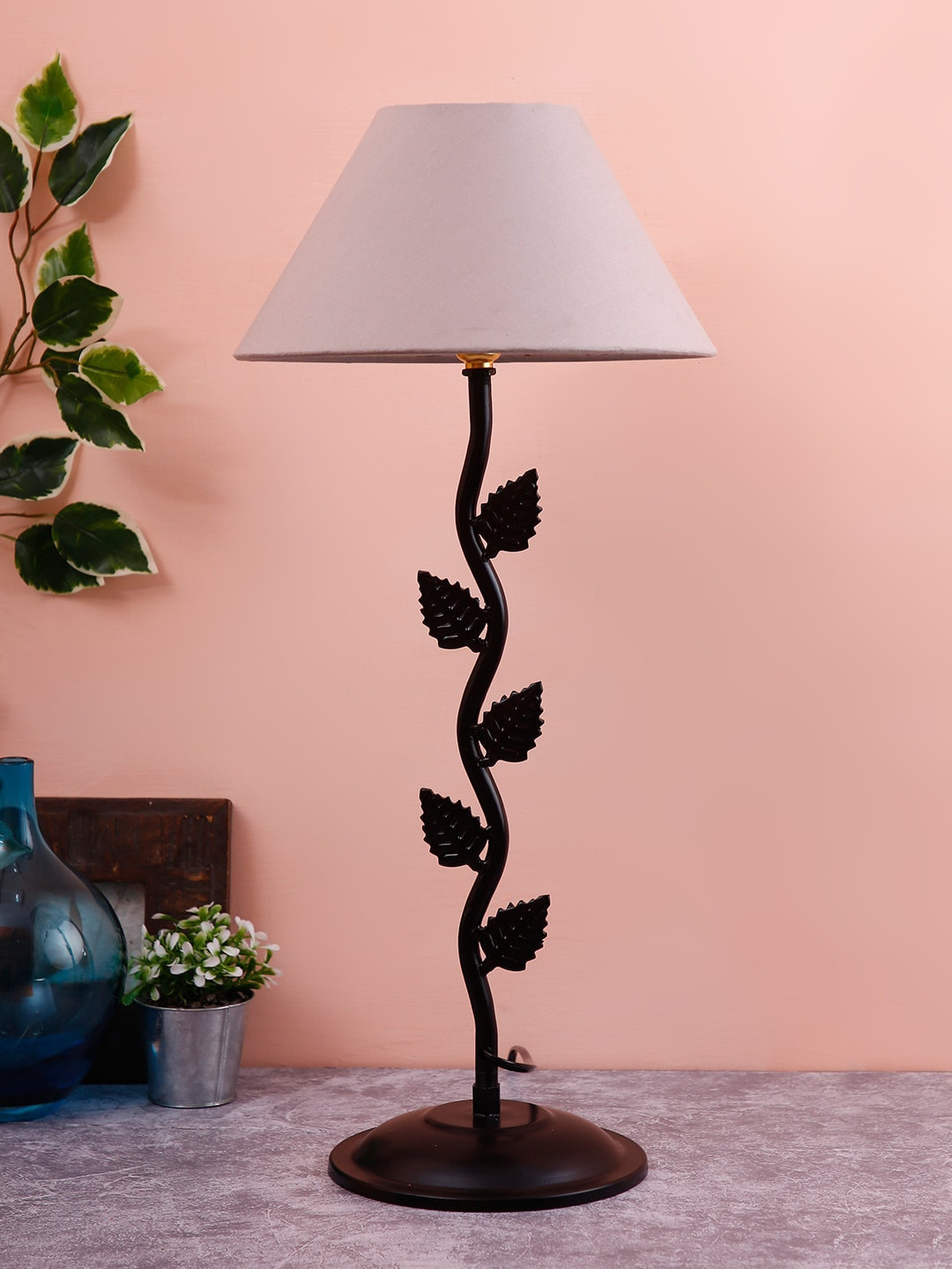 Devansh Grey & Black Solid Traditional Leaf Bedside Standard Lamp with Shade