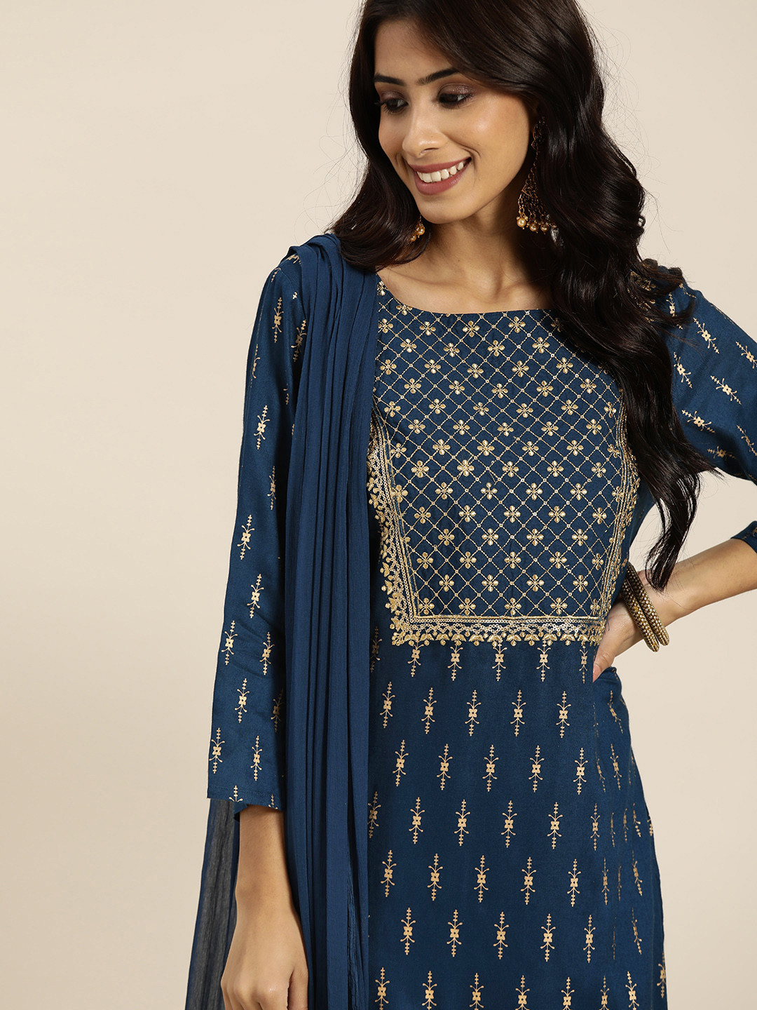 Sangria Women Navy Blue & Golden Ethnic Motifs Printed Kurta with Palazzos & With Dupatta