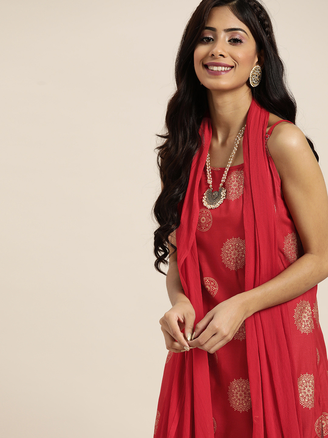 Sangria Women Red Ethnic Motifs Printed Kurta with Trousers & With Dupatta